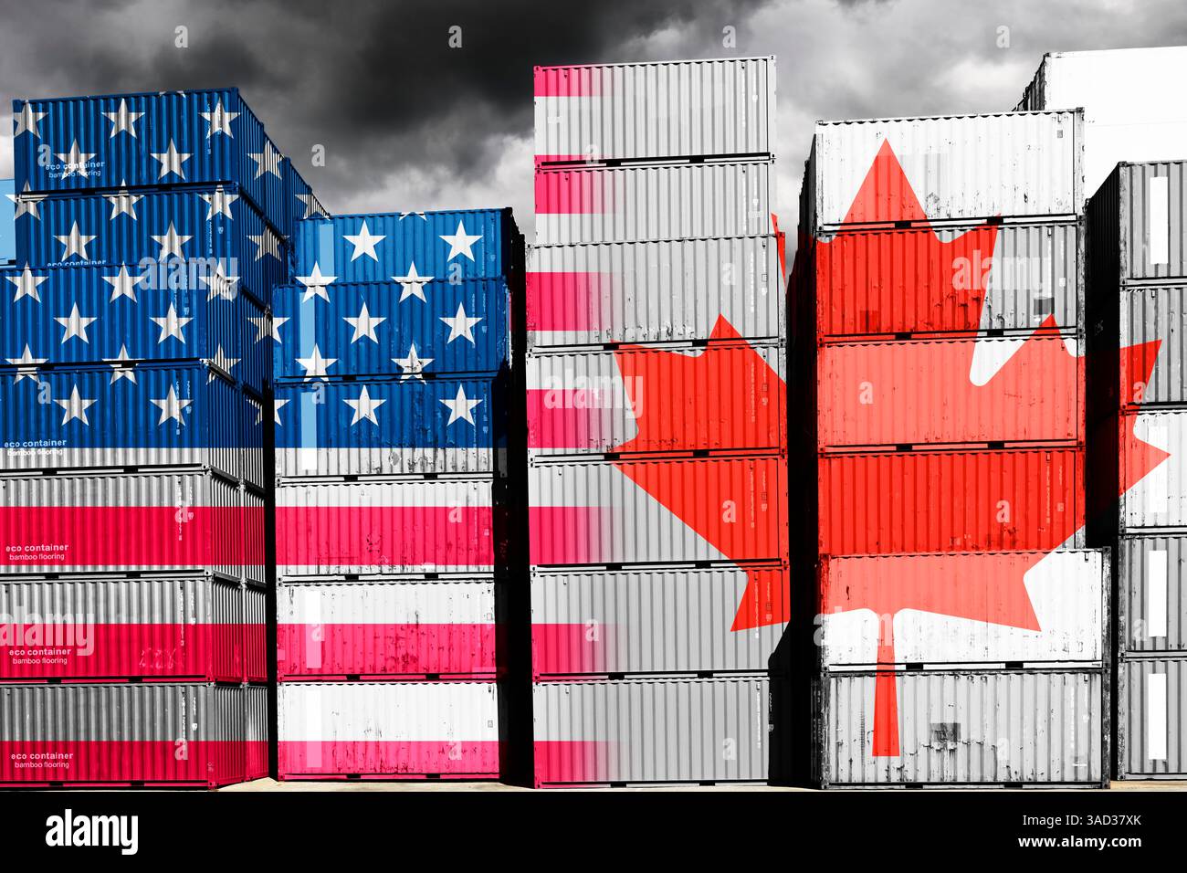 Conteneurs empilés aux couleurs nationales américaines et canadiennes, photo symbolique différend douanier entre les États-Unis et le Canada, photomontage Banque D'Images