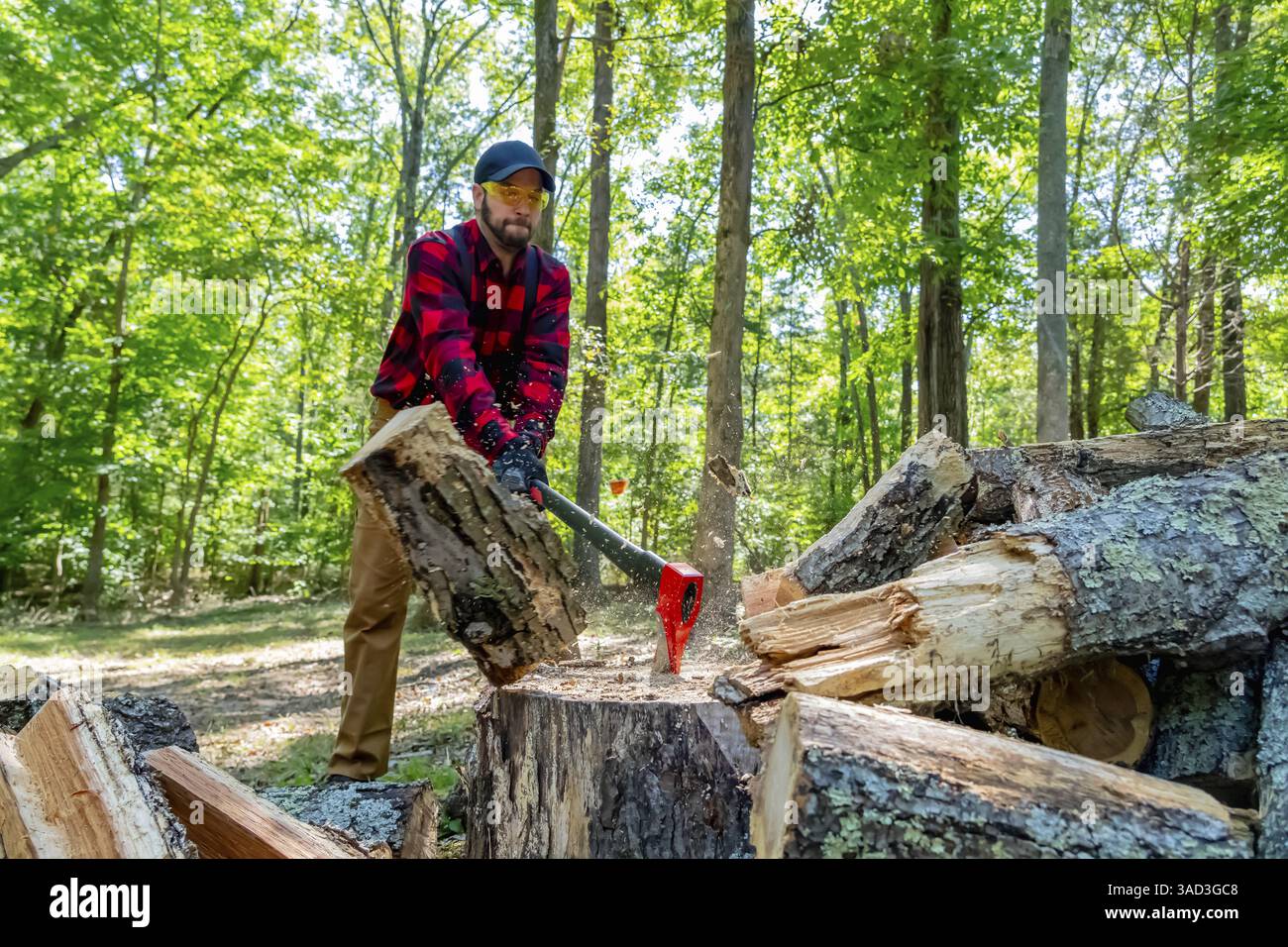Un jeune homme robuste brandit une hache, coupant habilement du bois sur sa propriété. Il nettoie la terre tout en préparant un approvisionnement hivernal vital, en retournant les efforts Banque D'Images
