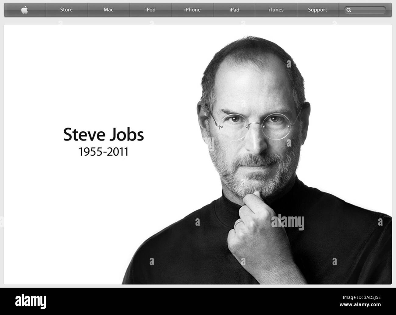 La page d'accueil Apple, Inc. hommage à la transmission de leur président du conseil d'administration : inventeur américain, pionnier, entrepreneur, homme d'affaires extraordinaire, visionnaire créatif : STEVEN PAUL EMPLOIS. Un décrochage universitaire, né le 24 février 1955, co-fondateur d'Apple Computers en 1976 à 21 ans, a perdu sa bataille de 7 ans avec le cancer du pancréas décédée le 5 octobre 2011 à 56 ans. Steve Jobs, nous a apporté l'iPhone, iPad, iTunes, iPod, ordinateurs Macintosh et bien plus encore. (Apple.com/ZUMAPRESS.com) Banque D'Images