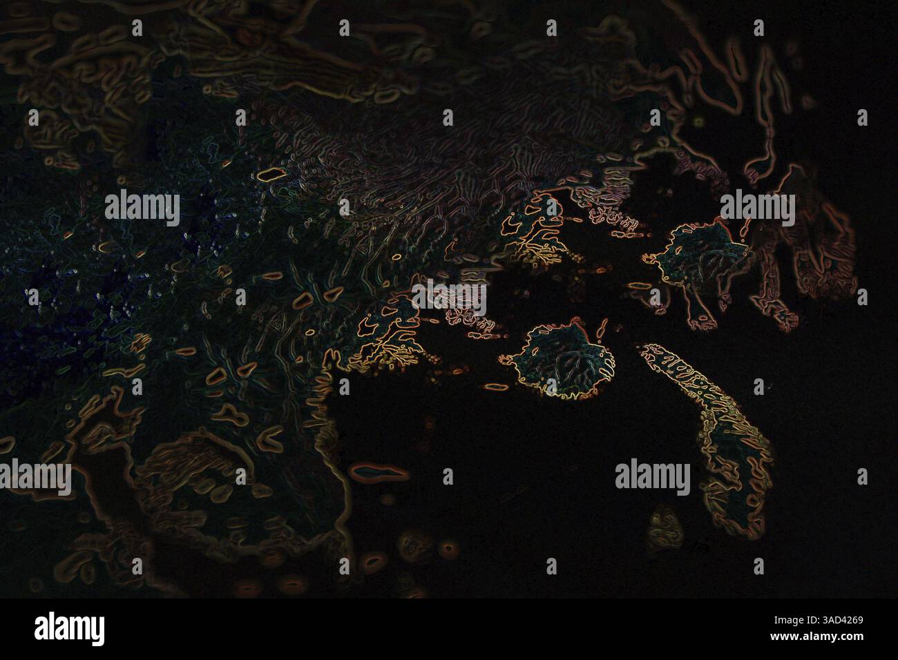 Les lignes lumineuses colorées créent un motif abstrait ressemblant à une carte topographique, une vue aérienne ou une image microscopique. Bélarus Banque D'Images