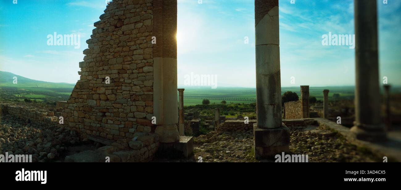 Vue panoramique des ruines romaines antiques d'un site archéologique, Volubilis, Maroc Banque D'Images