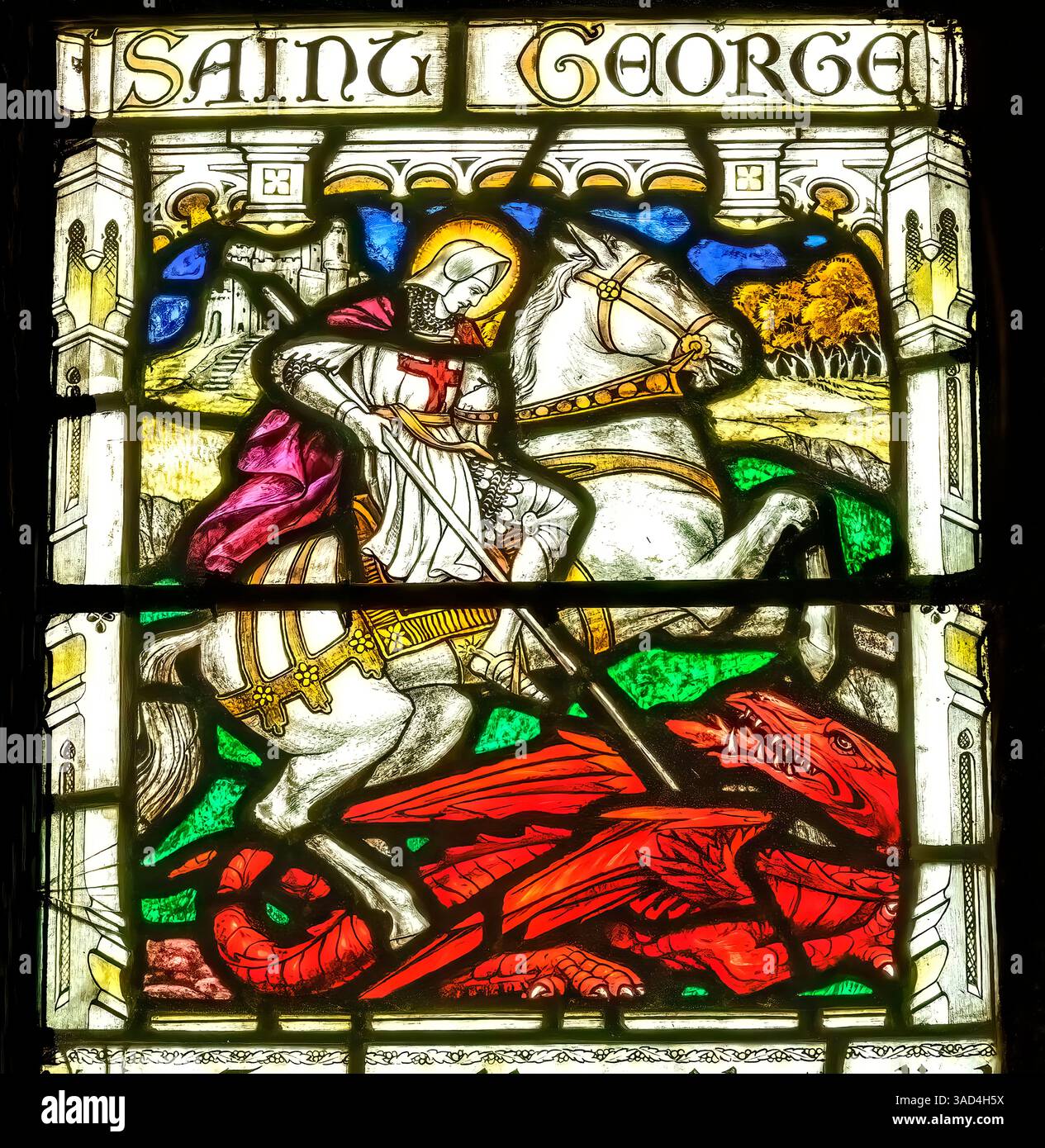 Coloré, George and the Red Dragon vitrail, composé Petroc Church, Dartmouth, Devon, Angleterre. George & aurait tué dragon en 1000 après JC. CHU Banque D'Images