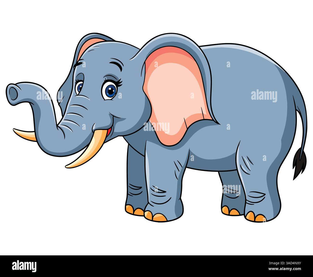 Dessin animé éléphant mignon heureux isolé sur un fond blanc. Design simple et ludique avec de grandes oreilles et une expression joyeuse. Parfait pour les enfants illustr Illustration de Vecteur