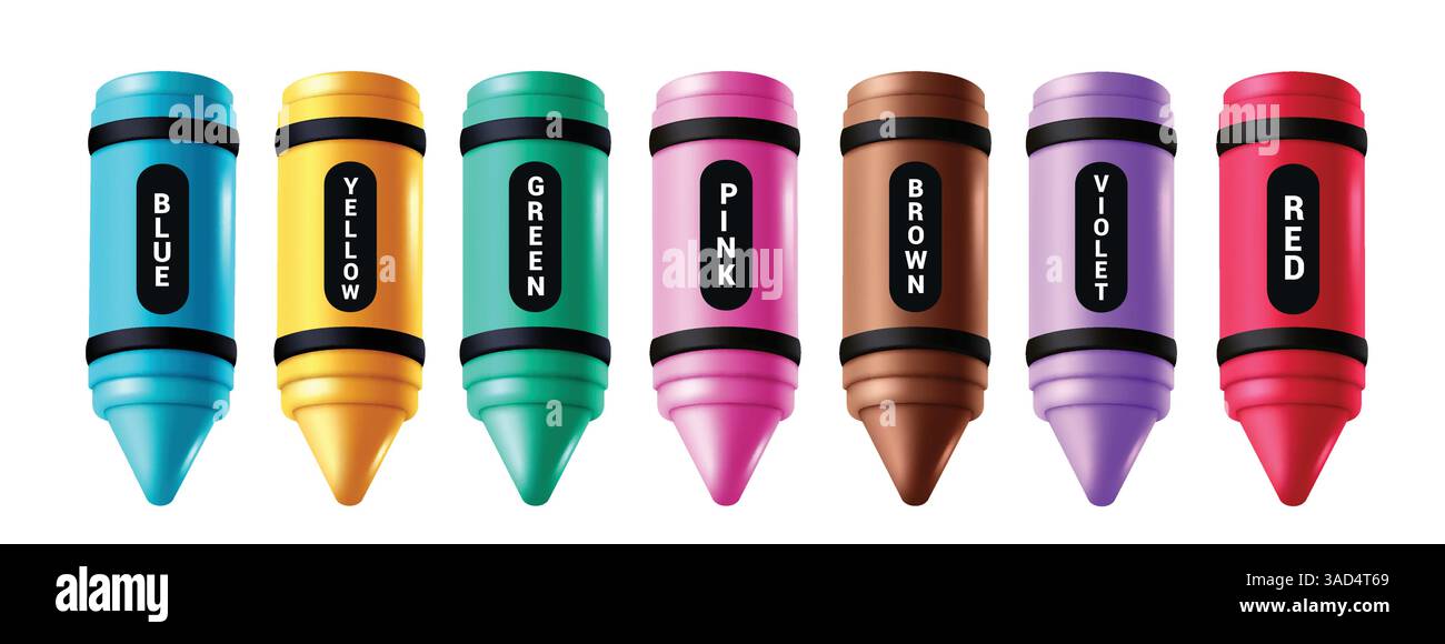 Crayons de couleur éléments clip art ensemble. Collection d'art clip de crayons de cire 3D multicolore pour les étudiants et les élèves de l'art réaliste éducatif Illustration de Vecteur