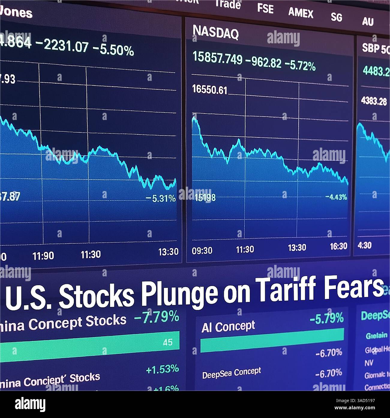 Les actions américaines plongent sur les craintes tarifaires : le marché boursier américain efface plus de 5 000 milliards de dollars sur la guerre tarifaire, le S&P 500 a fermé 6% en baisse dans son pire jour depuis mars 2020 et le Nasdaq 100 a plongé 6,1%, entrant dans un marché baissier. ( 2025/04/04 ) Banque D'Images