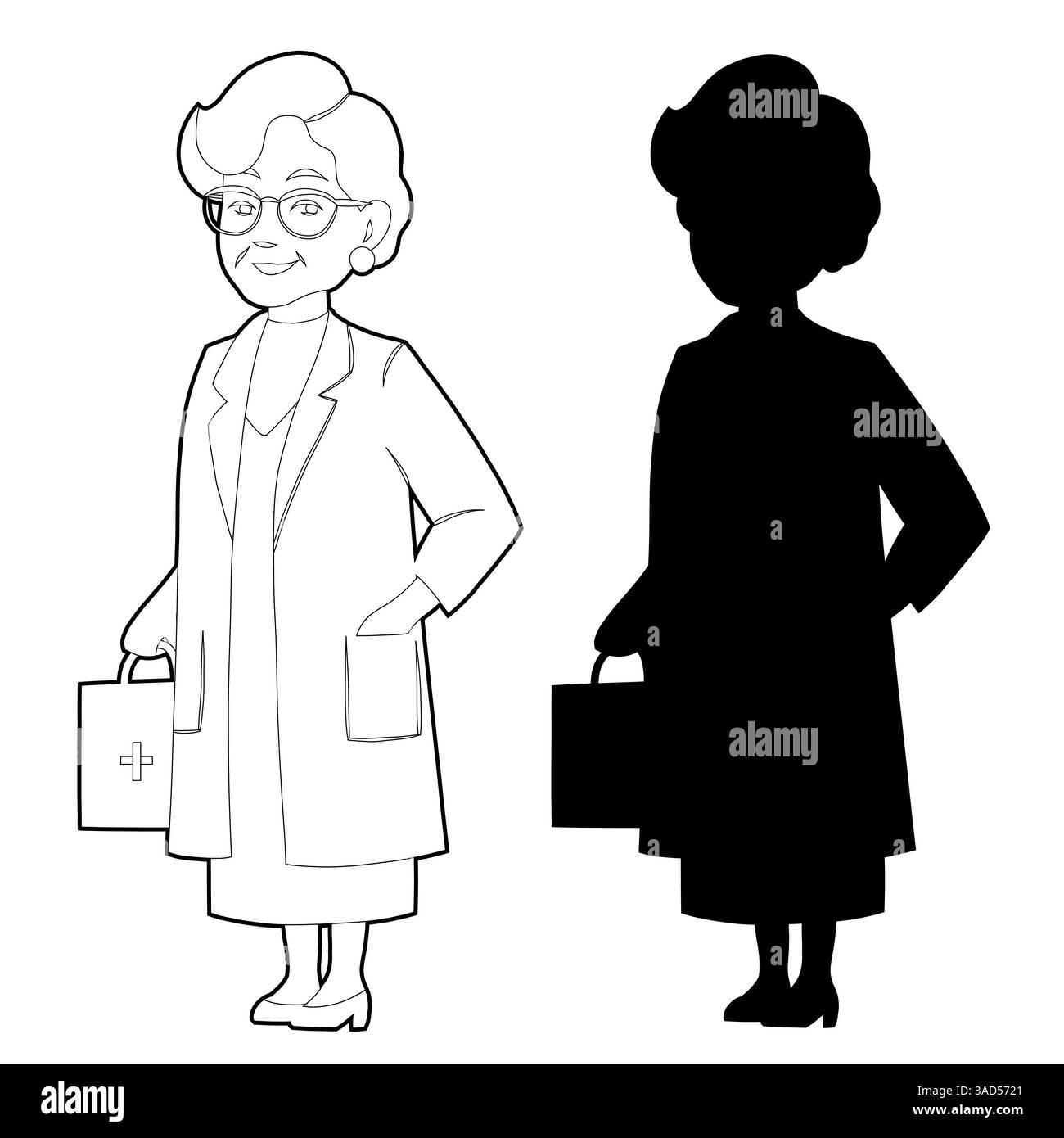 Ensemble vectoriel de contour et silhouette noire de la vieille femme médecin professionnel. Collection femme pharmacien clip arts Chercheur en laboratoire. Illustra Illustration de Vecteur