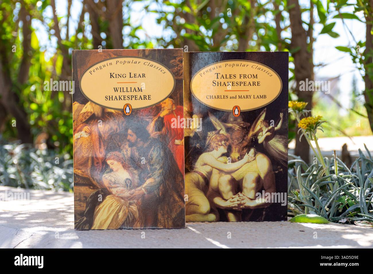 Gros plan de la pièce King Lear de William Shakespeare et du livre « Tales from Shakespeare » dans le jardin. Banque D'Images