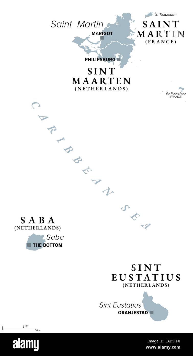 Saint Martin, Saint Eustache et Saba, carte politique grise. Îles SSS, également îles Windward, un groupe d'îles situées dans les îles Leeward. Banque D'Images