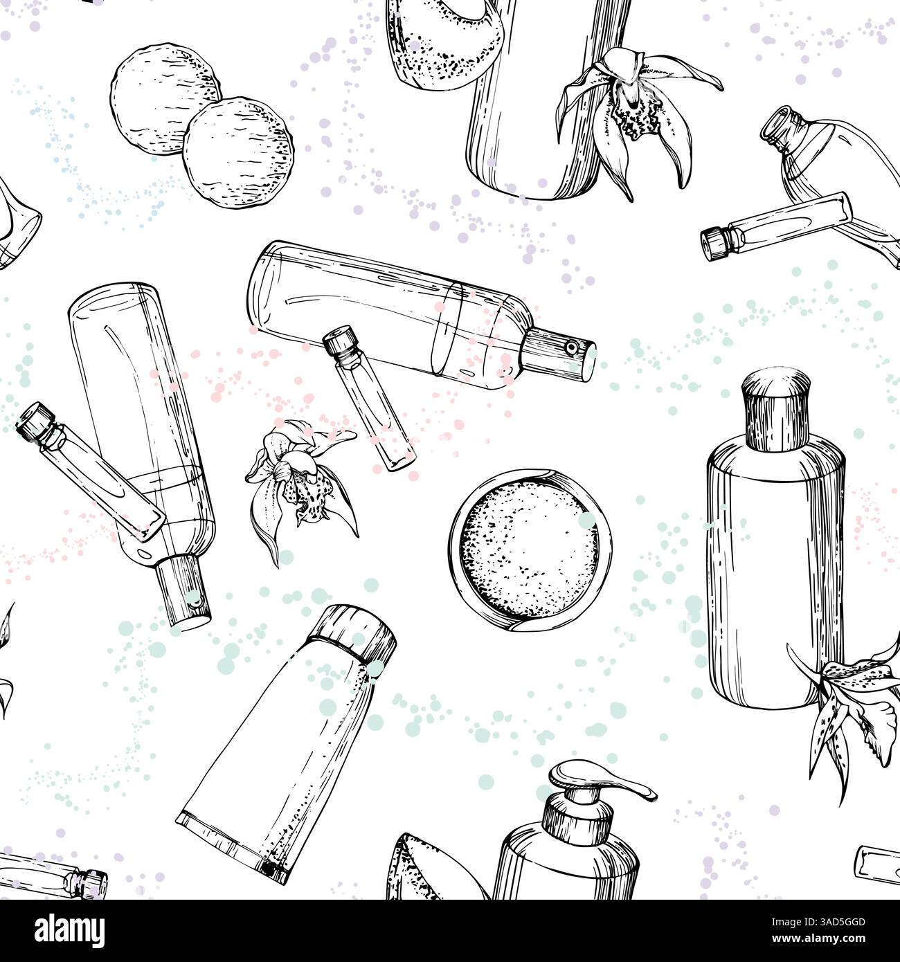 Flacons de vaporisation vaporisateurs de parfum pour eau de cologne, tube de crème, shampooing gel de bain, fleurs exotiques d'orchidée. Esquisse à l'encre dessinée à la main vectorielle, isolée sans couture Illustration de Vecteur