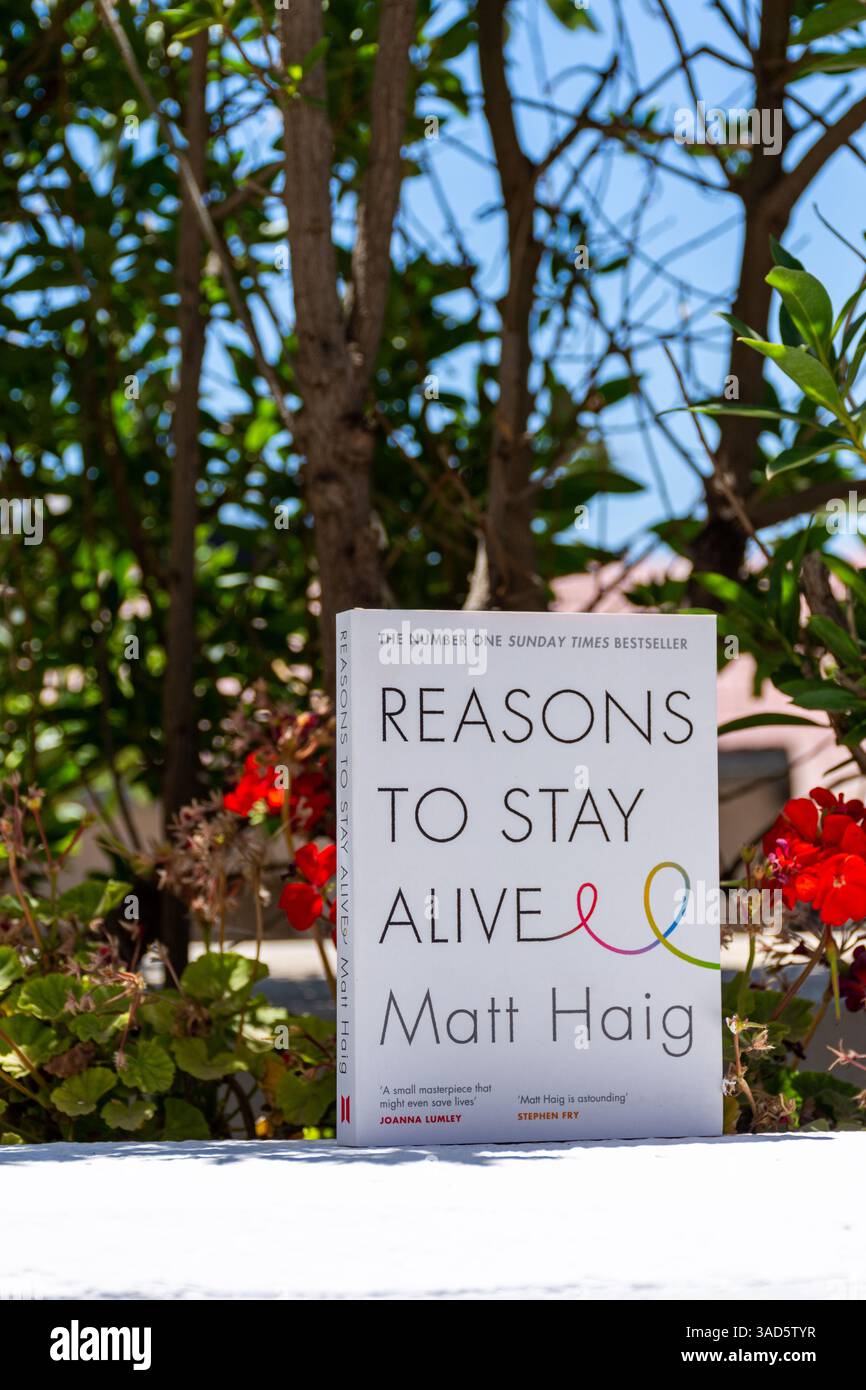 Gros plan du roman raisons de rester en vie de Matt Haig dans le jardin. Banque D'Images