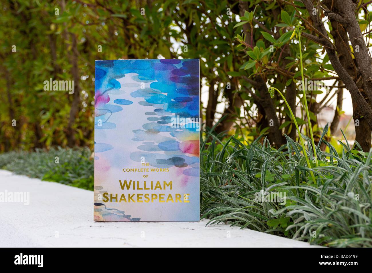 Gros plan du livre complet de William Shakespeare dans le jardin. Banque D'Images
