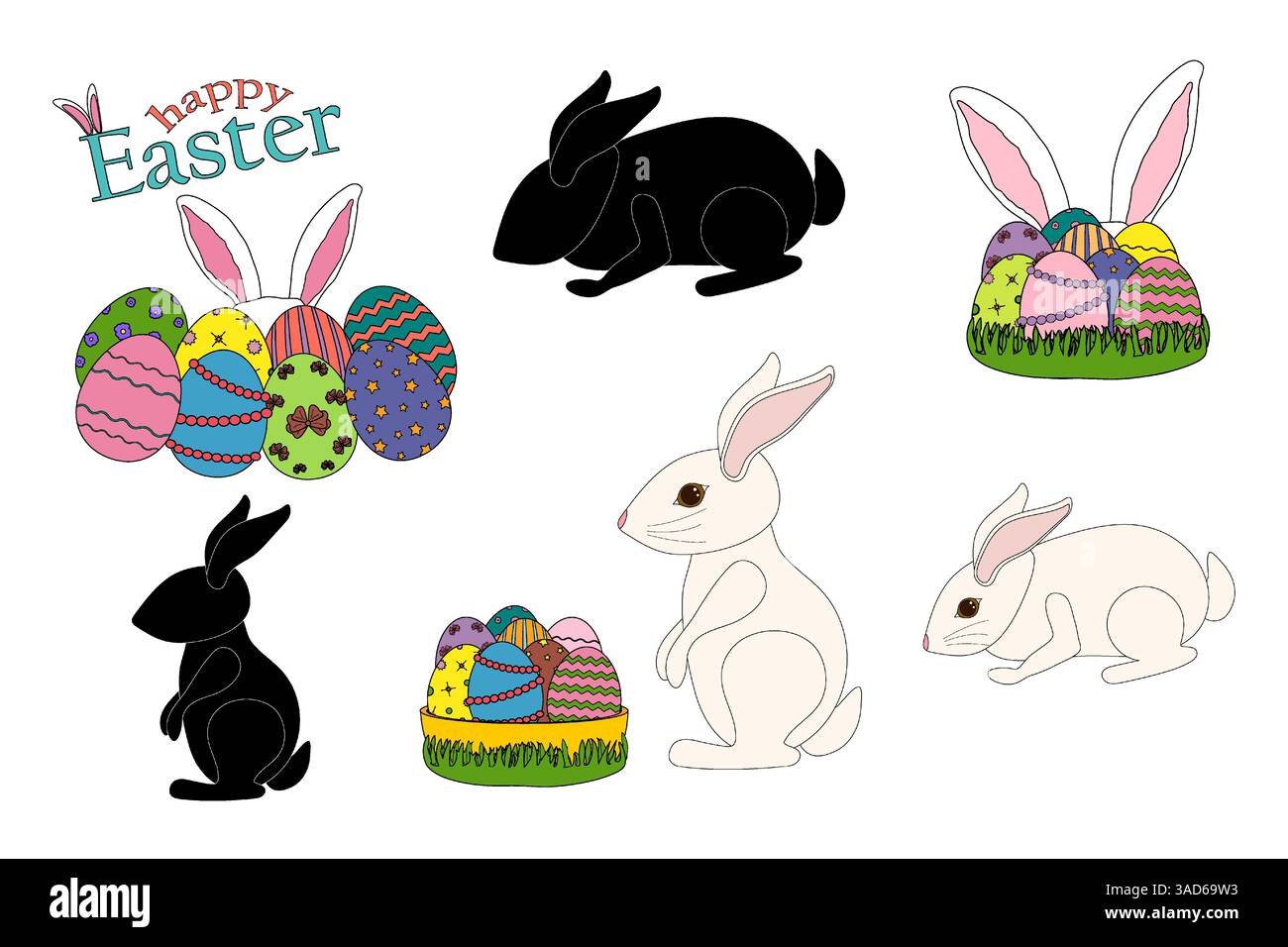 Une collection d'illustrations sur le thème de Pâques mettant en vedette des lapins blancs, décoré décoré d'œufs de Pâques peints, silhouettes de lapins noirs, et - joyeuses Pâques Illustration de Vecteur