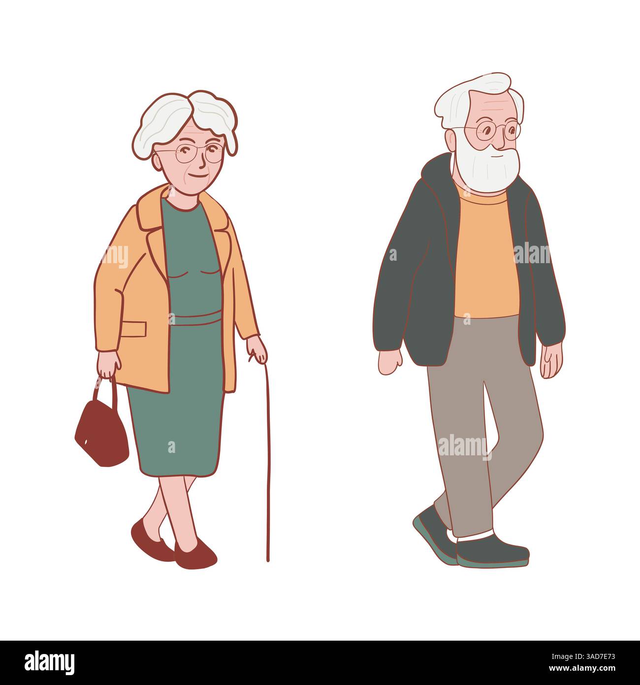 Couple de vieillards marchant. Vieille femme et vieil homme isolé, dessin animé, style plat Illustration de Vecteur