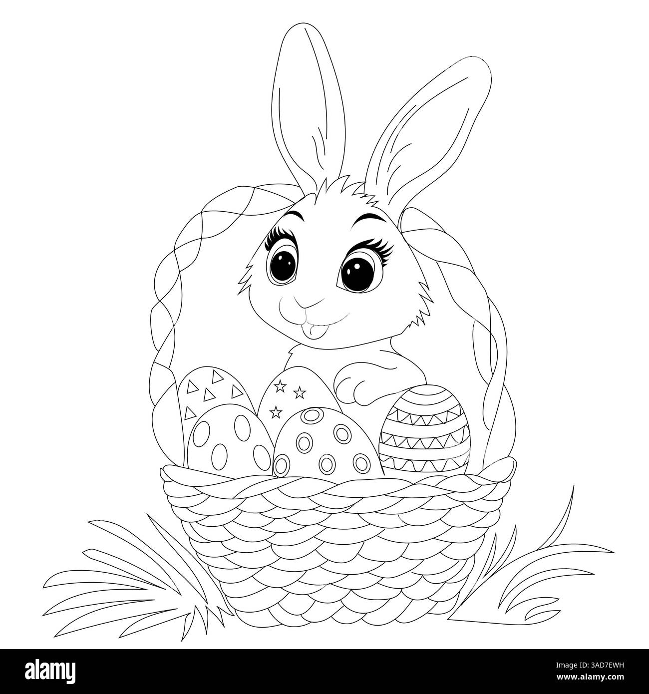 Coloriage avec lapin, panier et œufs de Pâques près de l'herbe, printemps et vacances, livre de coloriage pour les enfants Illustration de Vecteur