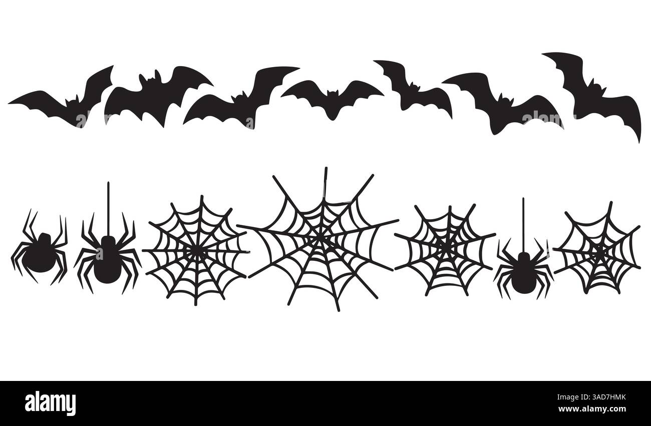 Ensemble de chauves-souris, araignées et toiles d'araignée, isolé sur fond blanc. Éléments traditionnels d'Halloween pour des décors effrayants et des projets de design. Illustration de Vecteur