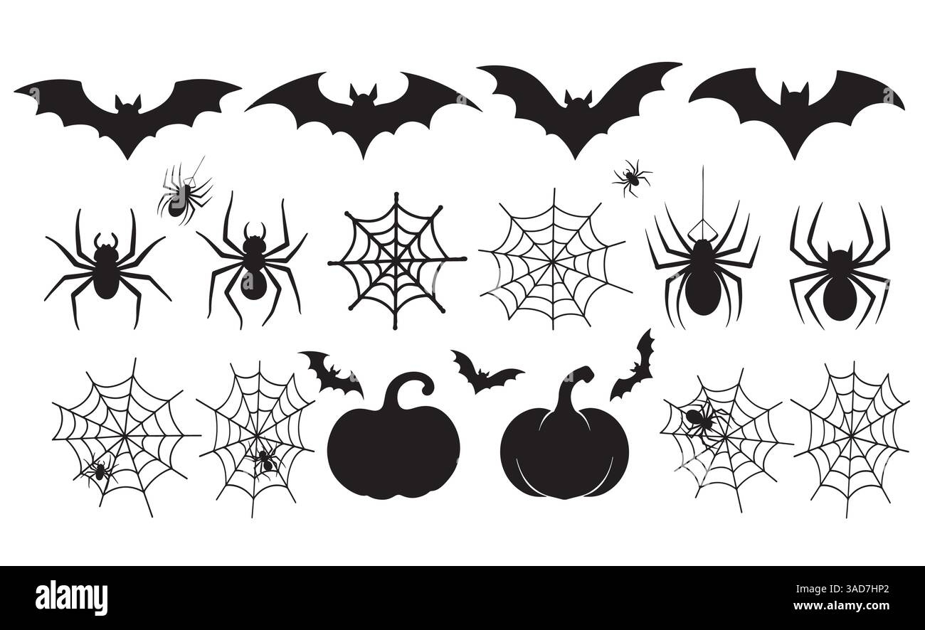 Ensemble de chauves-souris, araignées et toiles d'araignée, isolé sur un fond blanc. Illustration vectorielle d'éléments décoratifs traditionnels d'Halloween. Idéal pour Spooky Illustration de Vecteur