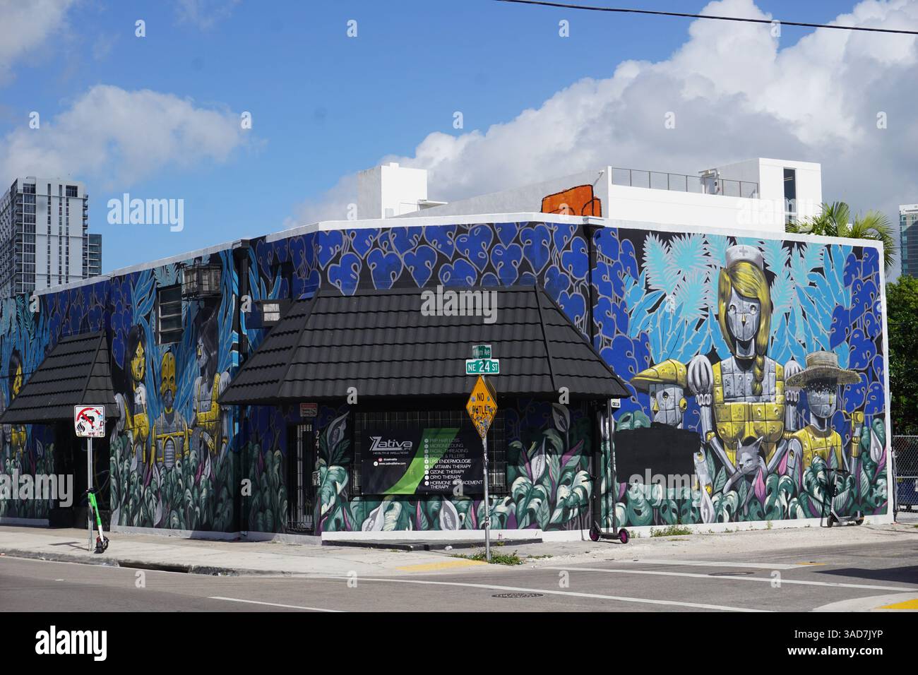 Magasin du coin décoré d'un graffiti moderne par les emblématiques peintures murales Wynwood et galerie d'art de rue en plein air à Miami, en Floride. Banque D'Images