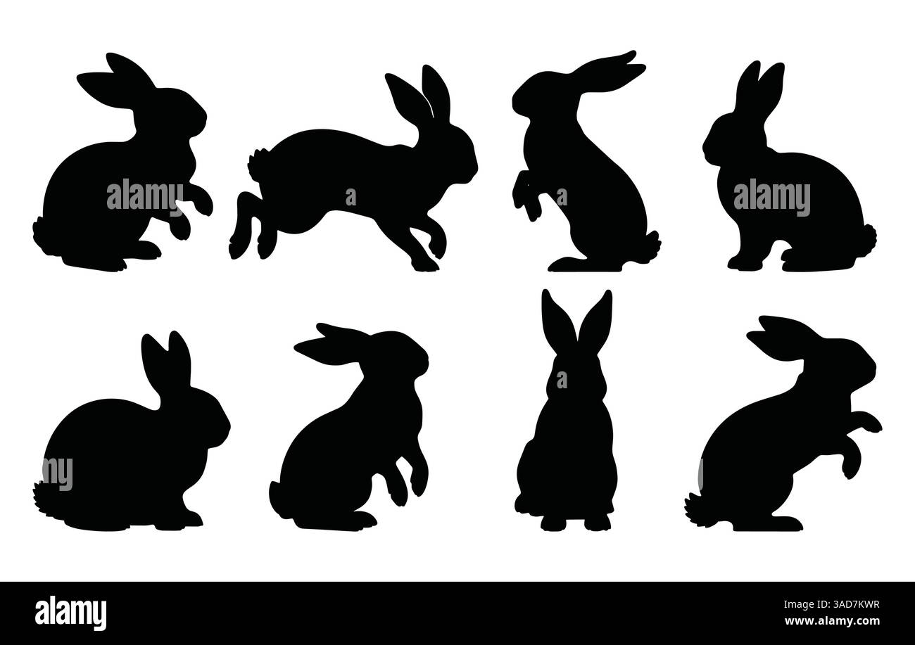 Ensemble de silhouettes de lapin dans diverses poses. Silhouettes noires de lapin de Pâques dessinées à la main isolées sur un fond blanc. Éléments décoratifs parfaits pour Illustration de Vecteur