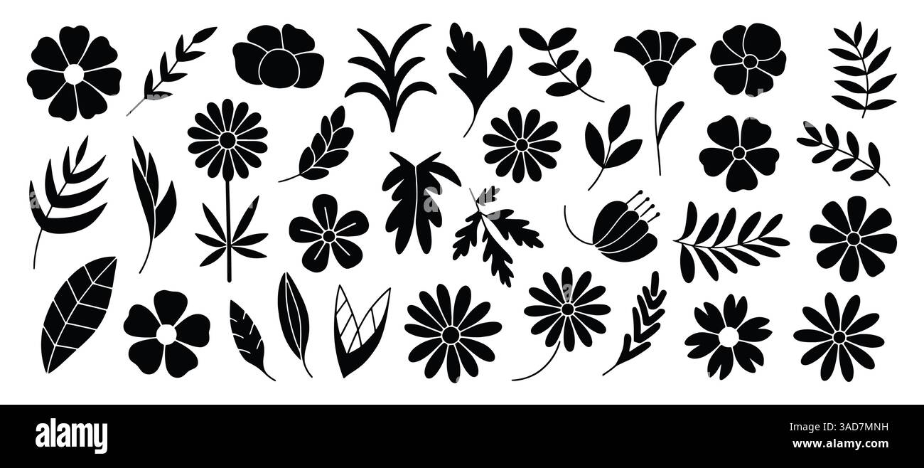 Ensemble de silhouettes de fleurs et de feuilles. Éléments floraux dessinés à la main, y compris des fleurs sauvages, des fleurs de jardin et diverses feuilles. Contour noir et blanc illus Illustration de Vecteur