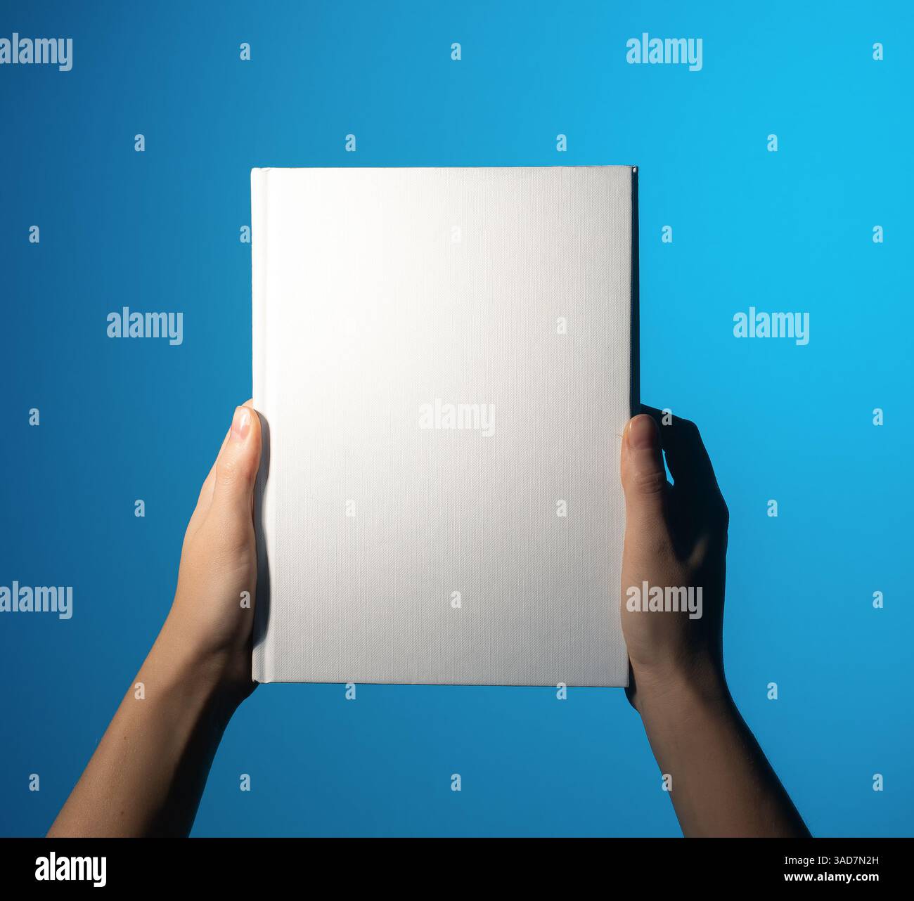 Maquette de livre avec couverture vierge. Femme tenant fermé couverture rigide ou livre de poche catalogue, modèle, ou manuel pour la conception, l'éducation, le marketing, presentati Banque D'Images