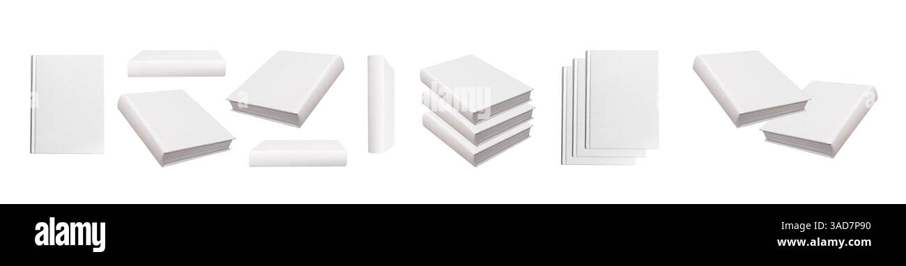 Collection de maquettes de livres avec couverture rigide vierge. Pile montrant avant, arrière, dos, vue latérale et inclinée pour la publicité, la promotion, l'éducation, la littérature, Banque D'Images