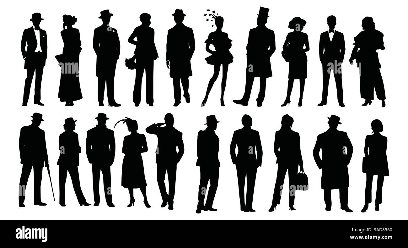 Silhouettes de divers gens d'affaires occasionnels dans diverses poses, y compris debout et marchant. Illustrations vectorielles monochromes noires pleine longueur sur un Illustration de Vecteur