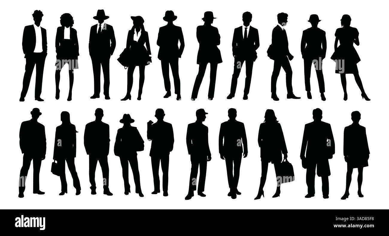 Silhouettes de divers gens d'affaires occasionnels dans diverses poses, y compris debout et marchant. Illustrations vectorielles monochromes noires pleine longueur sur un Illustration de Vecteur