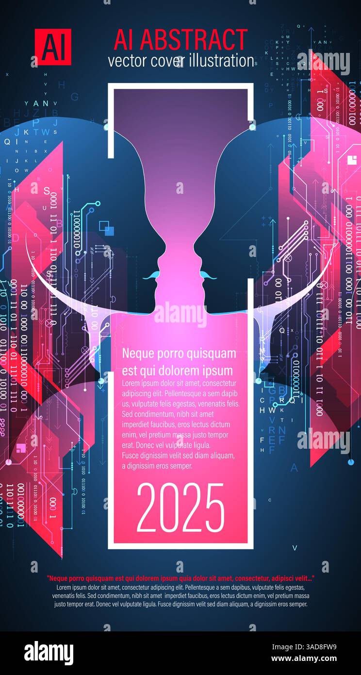 Un design de couverture abstrait futuriste mettant en valeur l'intelligence artificielle et la technologie. L'illustration présente une silhouette de tête humaine remplie de numérique Illustration de Vecteur