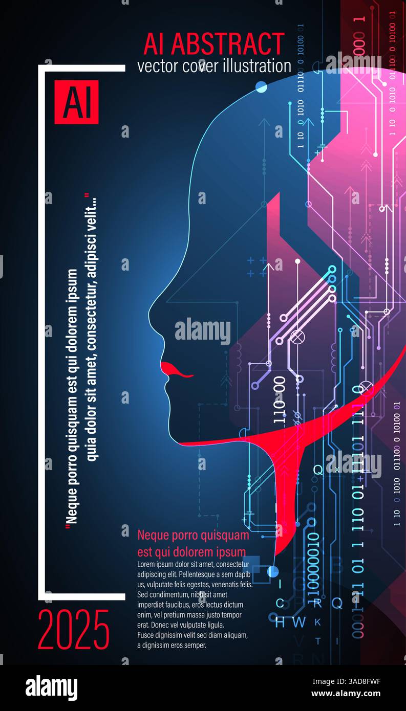 Un design de couverture abstrait futuriste mettant en valeur l'intelligence artificielle et la technologie. L'illustration présente une silhouette de tête humaine remplie de numérique Illustration de Vecteur