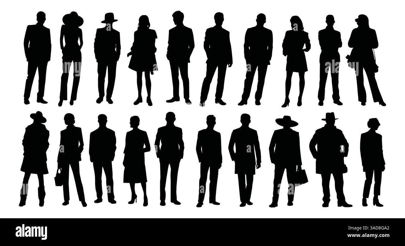 Silhouettes de divers gens d'affaires occasionnels dans diverses poses, y compris debout et marchant. Illustrations vectorielles monochromes noires pleine longueur sur un Illustration de Vecteur