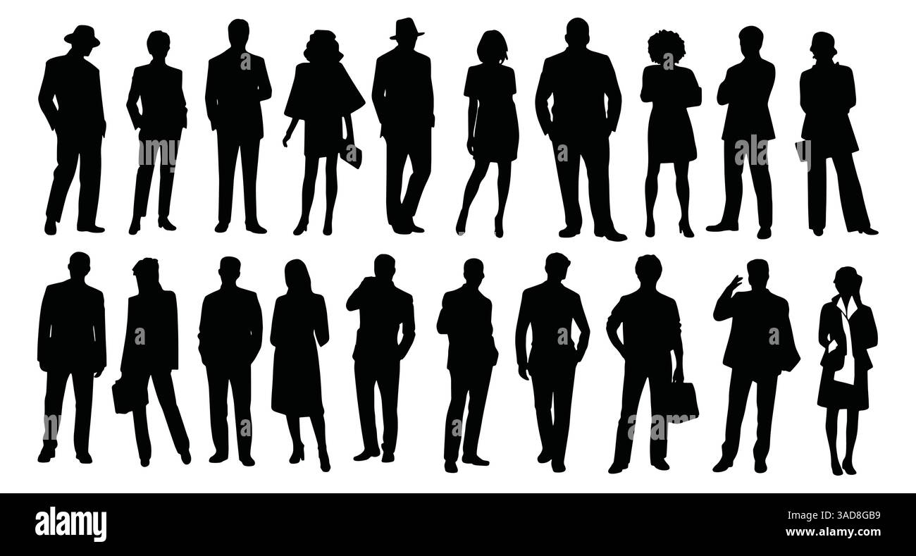 Silhouettes de divers gens d'affaires occasionnels dans diverses poses, y compris debout et marchant. Illustrations vectorielles monochromes noires pleine longueur sur un Illustration de Vecteur