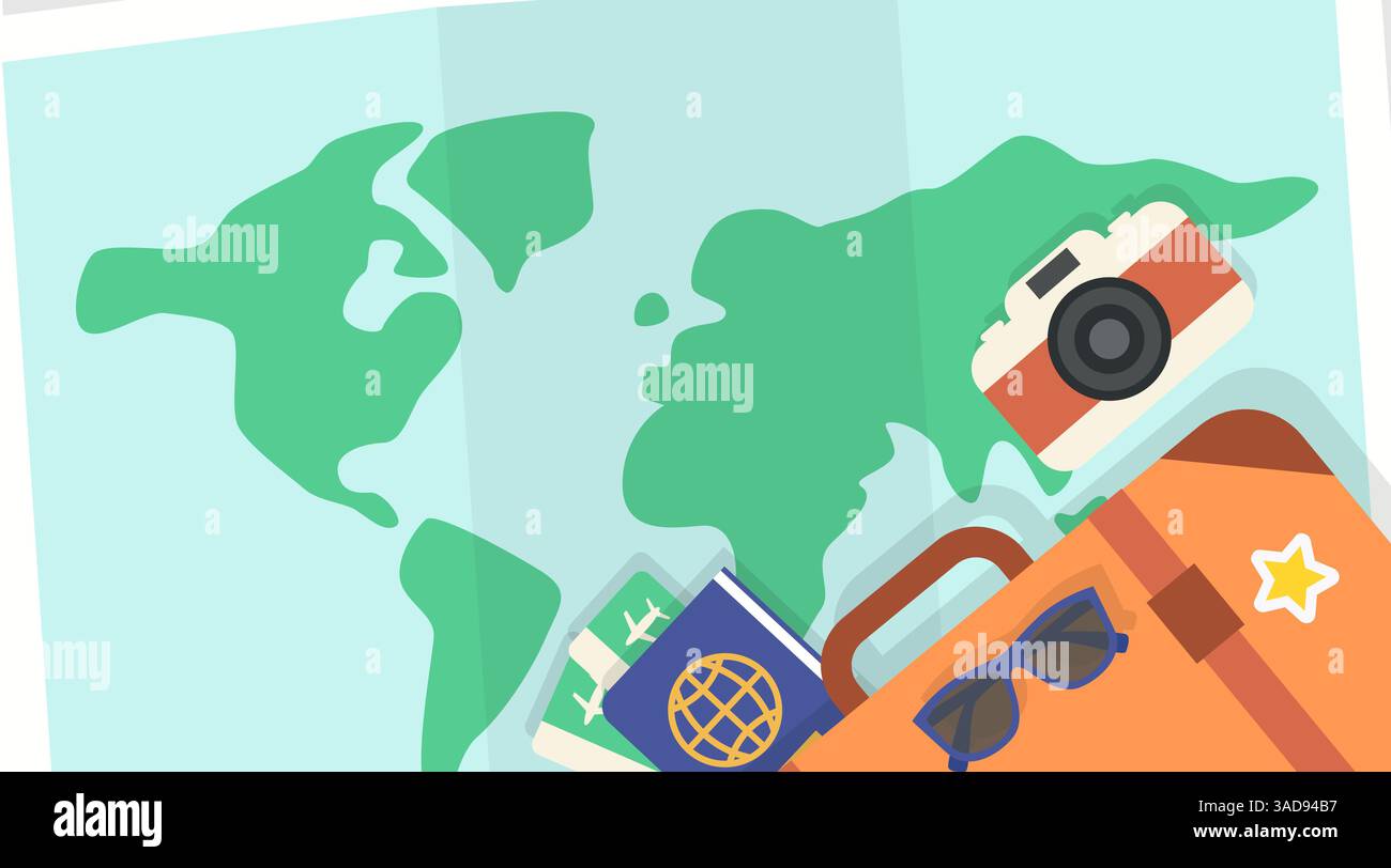 Concept de voyage plat avec carte du monde, passeport, valise, appareil photo et éléments de vacances – illustration vectorielle Illustration de Vecteur