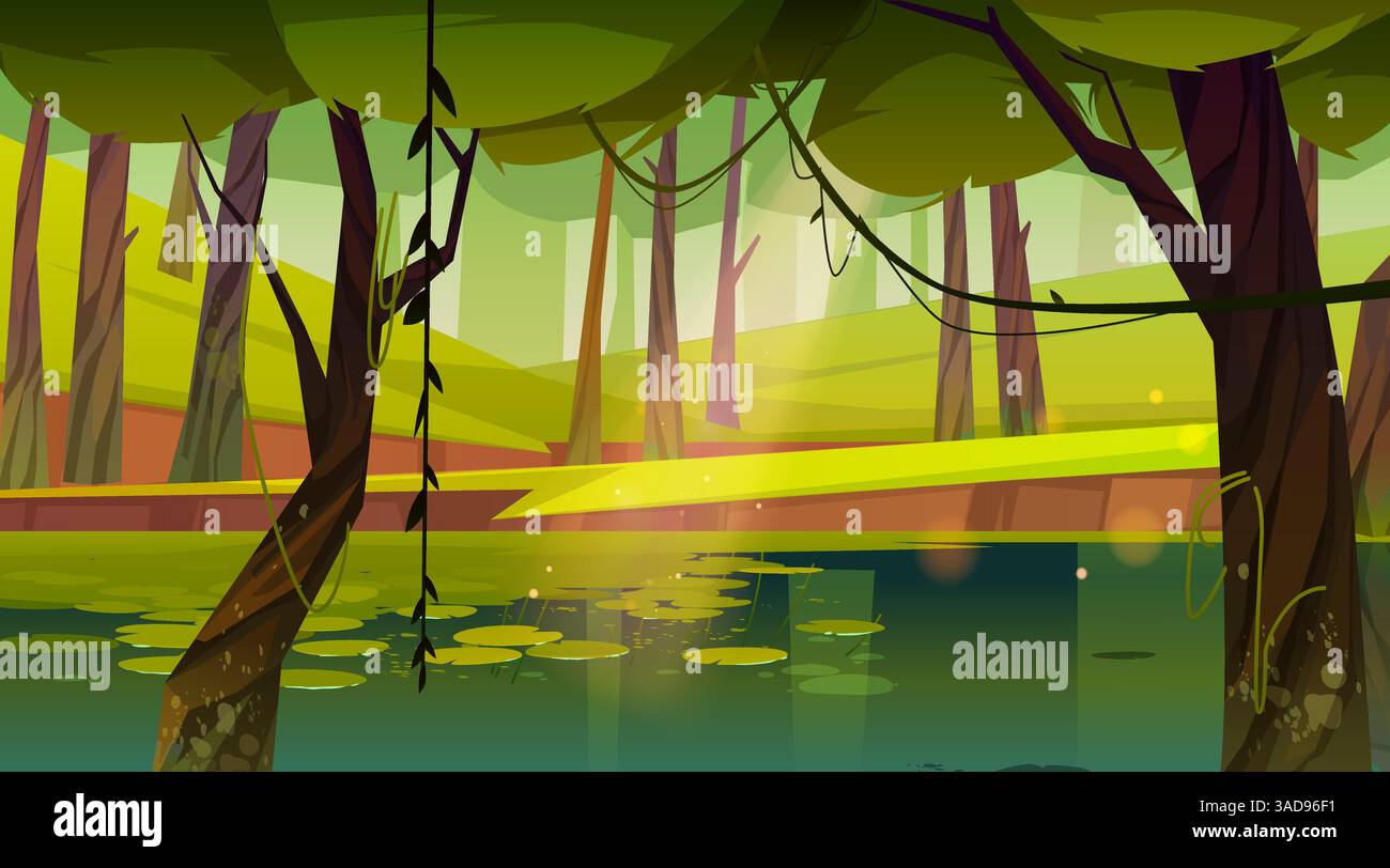 Tropical Jungle River - forêt verte luxuriante avec des arbres, des vignes et des Nymphéas - illustration vectorielle Illustration de Vecteur