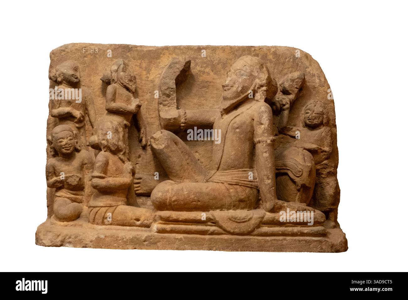 Un Rishi (sage) avec ses disciples. Bhubaneshwar, 10ème siècle après JC. Dans une seule dalle tous les disciples et Rishi lui-même assis. Rishi apprend son disque Banque D'Images