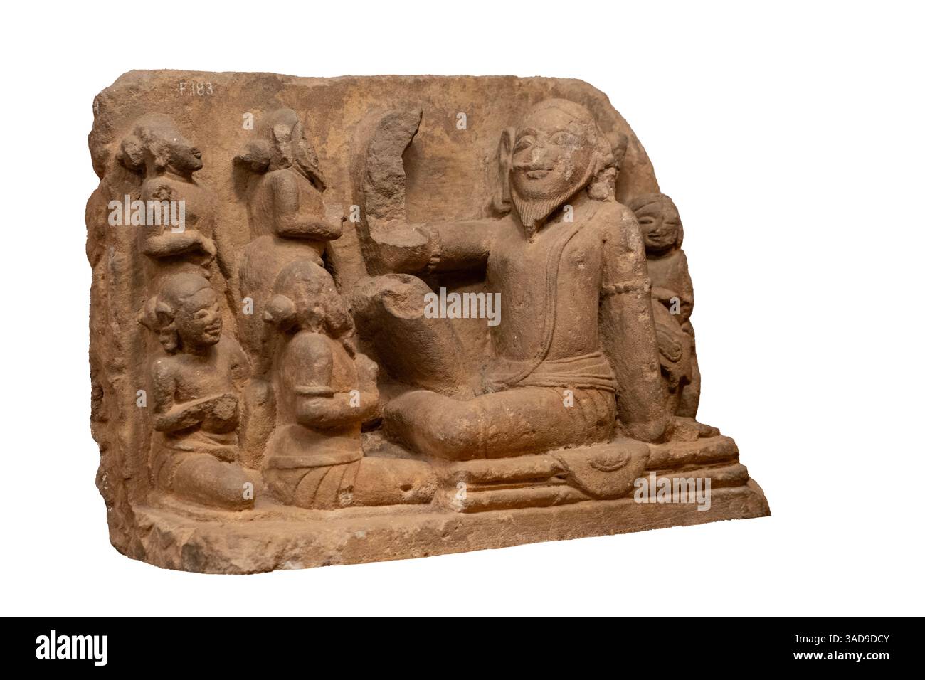 Un Rishi (sage) avec ses disciples. Bhubaneshwar, 10ème siècle après JC. Dans une seule dalle tous les disciples et Rishi lui-même assis. Rishi apprend son disque Banque D'Images