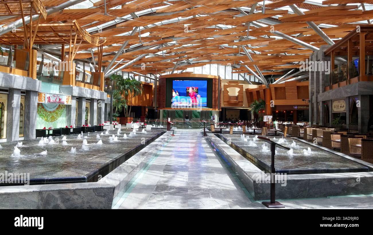 Un espace intérieur spacieux avec un design moderne avec des poutres en bois, un grand écran affichant une performance, et des fontaines d'eau. L'espace comprend des Banque D'Images