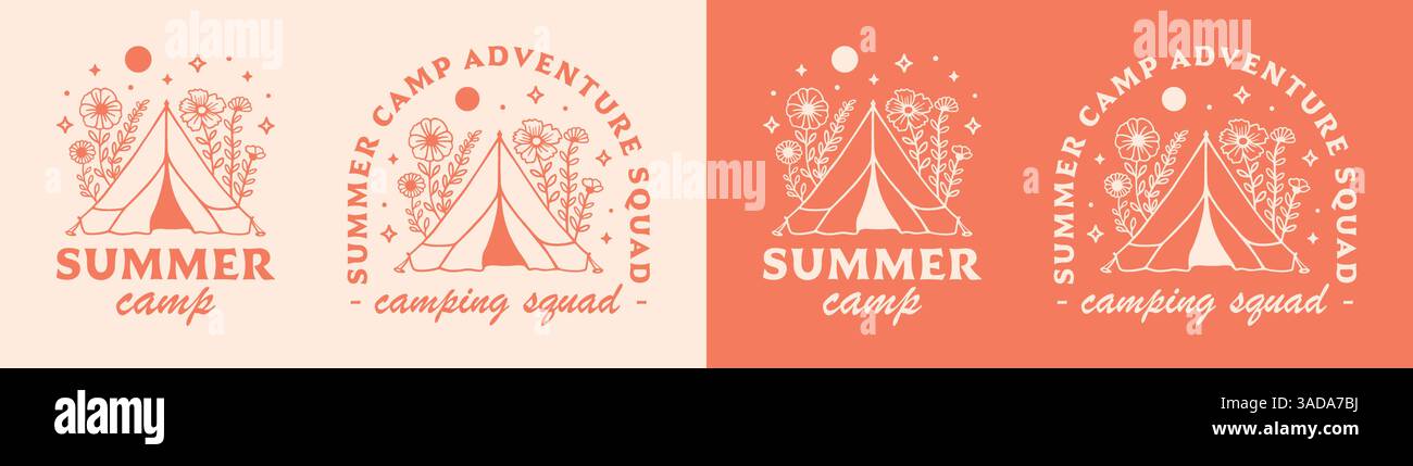 Camp d'été camping aventure Squad Crew Camper badge logo chemise design pack floral tente rétro orange preppy esthétique besties filles voyage. Illustration de Vecteur