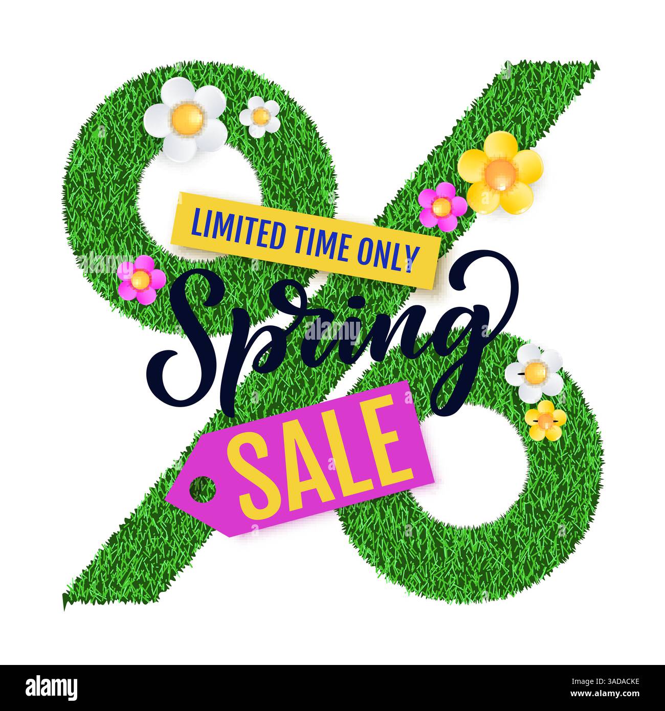 Bannière de promotion de vente de printemps, modèle de conception d'affiche. Illustration vectorielle de fleurs de Marguerite 3d sur le symbole de pourcentage avec la texture de pelouse d'herbe verte. Tendance Illustration de Vecteur