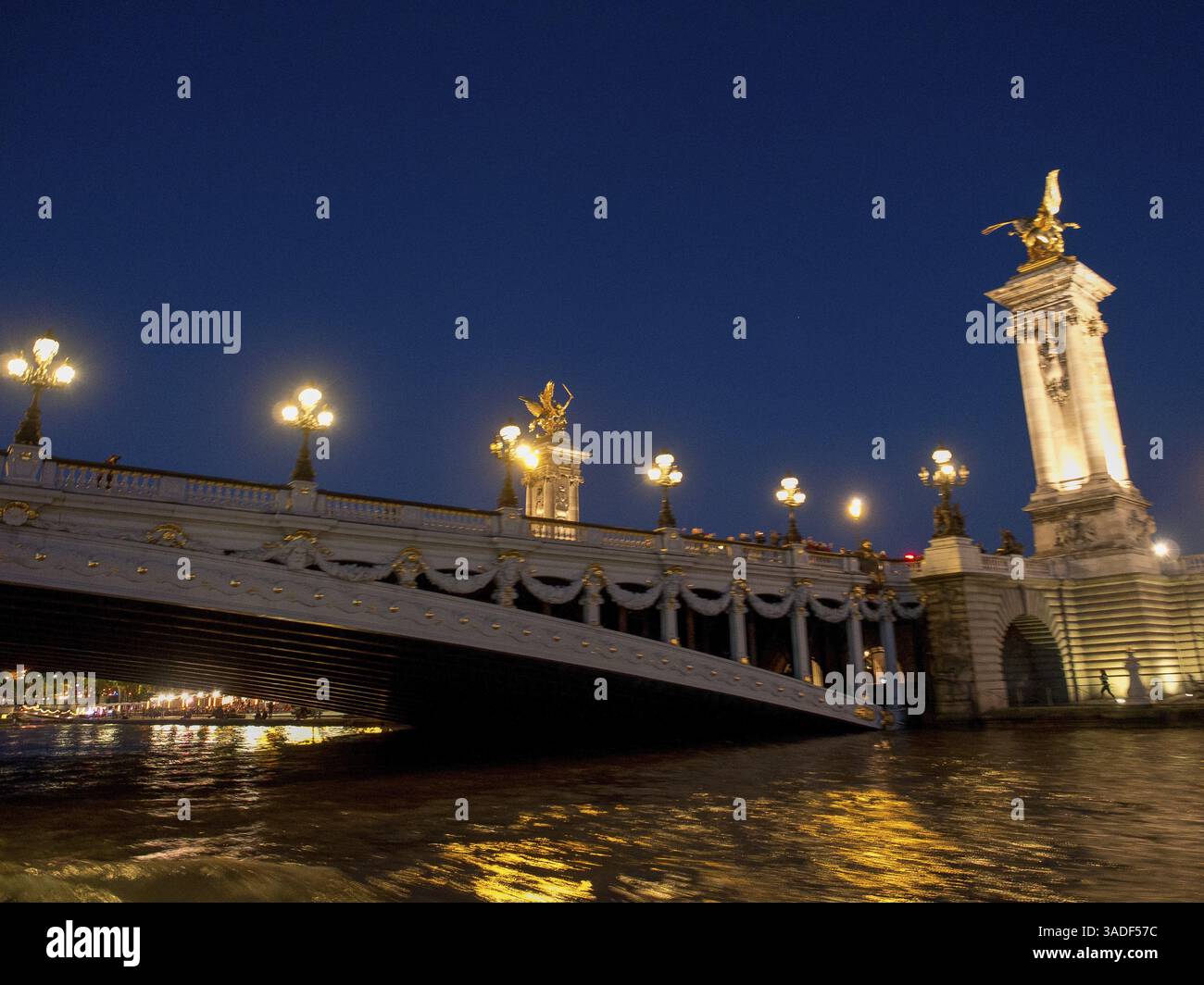 Pont illuminé la nuit avec sculptures et reflets dans l'eau, Paris, France, Europe Banque D'Images
