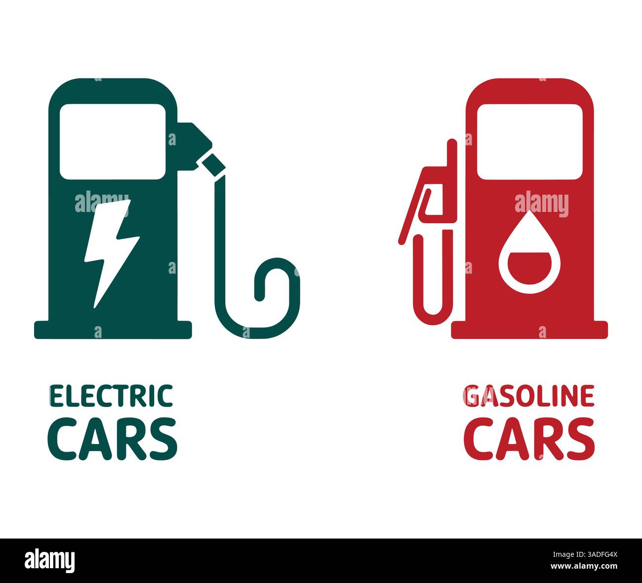 Symboles de voiture électrique vs essence. Illustration vectorielle plate comparant l'énergie électrique propre avec le carburant essence traditionnel. Design moderne représentant th Illustration de Vecteur