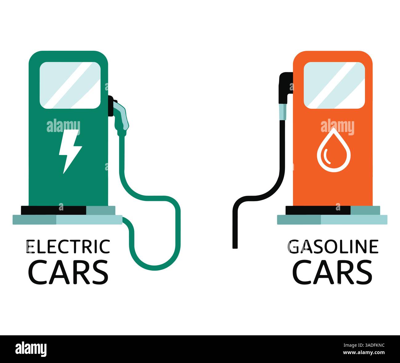 Symboles de voiture électrique vs essence. Illustration vectorielle plate comparant l'énergie électrique propre avec le carburant essence traditionnel. Design moderne représentant th Illustration de Vecteur