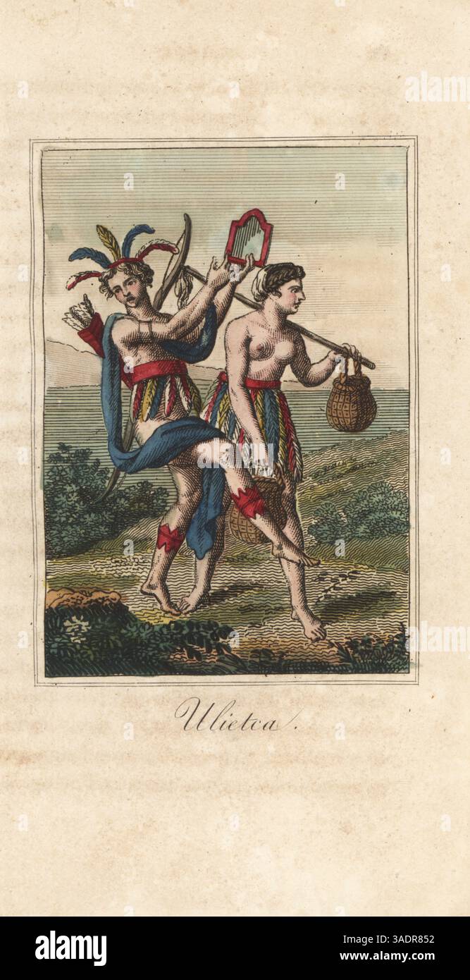 Natifs de l'île de Raiatae, Polynésie française, XVIIIe siècle. Homme en coiffe de plume et jupe dansant avec miroir, armé d'arc et carquois de flèches. Femme en jupe de plumes tenant des paniers tissés et du personnel. Ulietea. D'après l'Encyclopédie des voyages de Jacques Grasset de Saint-Sauveur, 1792. Gravure sur cuivre colorée à la main du choix de voyages les plus interessants dans diverses Parties du monde de Jean-François de la Harpe, chez Philippe, Paris, 1831. Banque D'Images