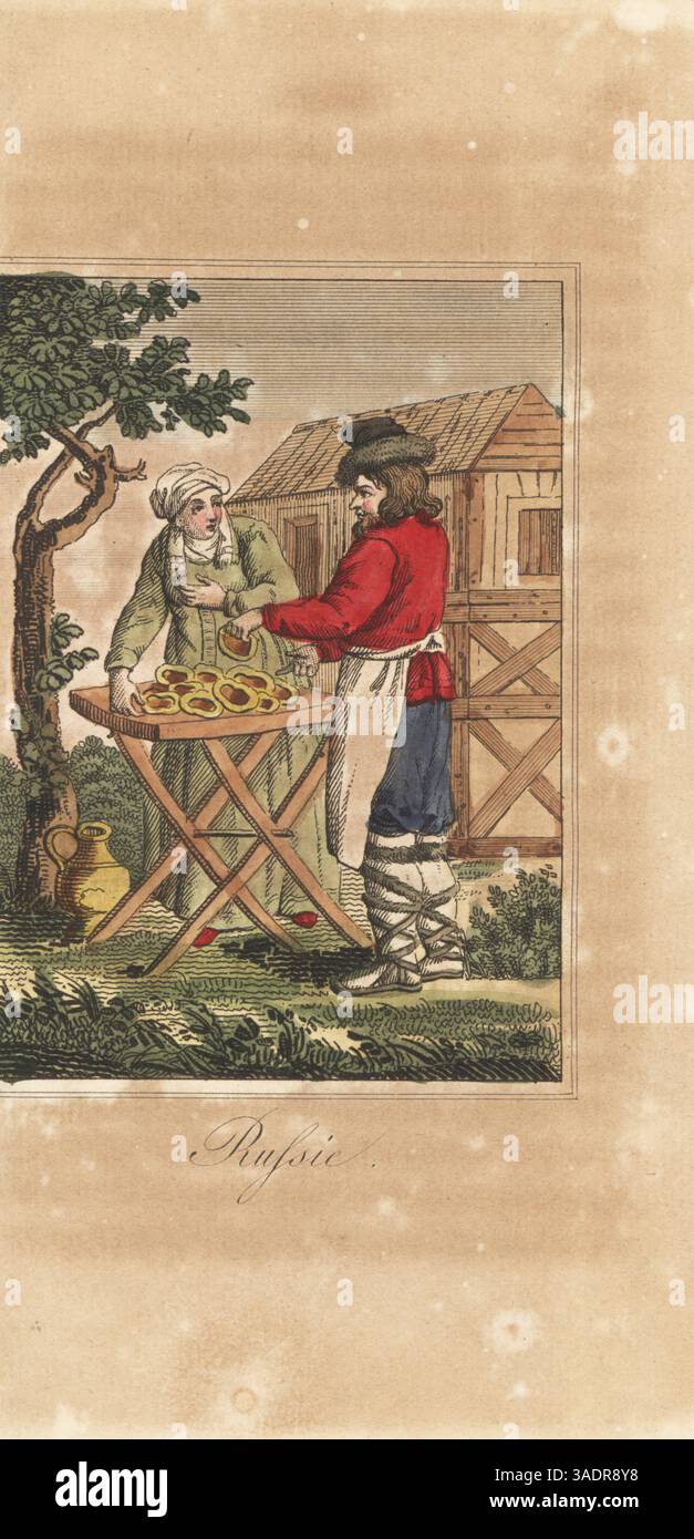 Vendeur de gâteaux à Saint-Pétersbourg, Russie. Homme barbu en chapeau, veste, tablier et guêtres tient un gâteau. Une paysanne se tient derrière la table. Russie. D'après une illustration de Jacques Grasset de Saint-Sauveur. Gravure sur cuivre colorée à la main du choix de voyages les plus interessants dans diverses Parties du monde de Jean-François de la Harpe, chez Philippe, Paris, 1831. Banque D'Images