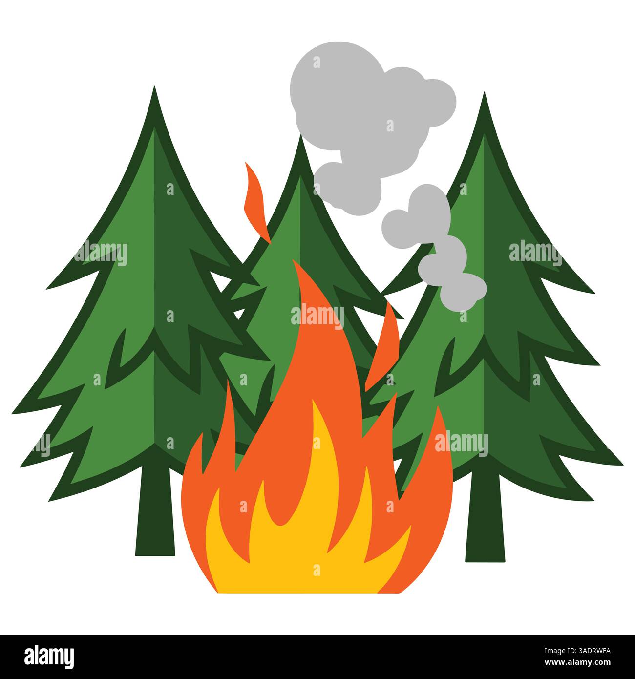 Feu de forêt détruisant les pins, avec la fumée qui monte. Illustration vectorielle d'un incendie de forêt causant des dommages aux arbres, idéal pour la sensibilisation à l'environnement et Illustration de Vecteur