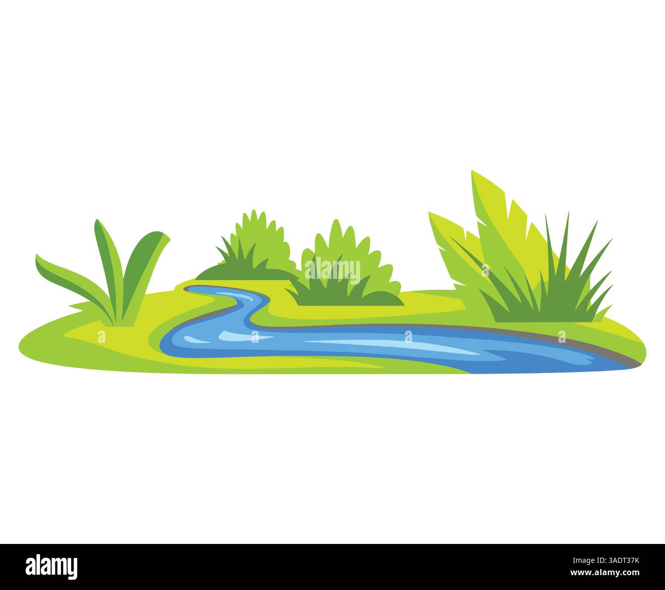 Ruisseau comme un plan d'eau de surface s'écoulant entre les berges du canal, isolé sur un fond blanc. Illustration vectorielle représentant la nature et la rivière lan Illustration de Vecteur