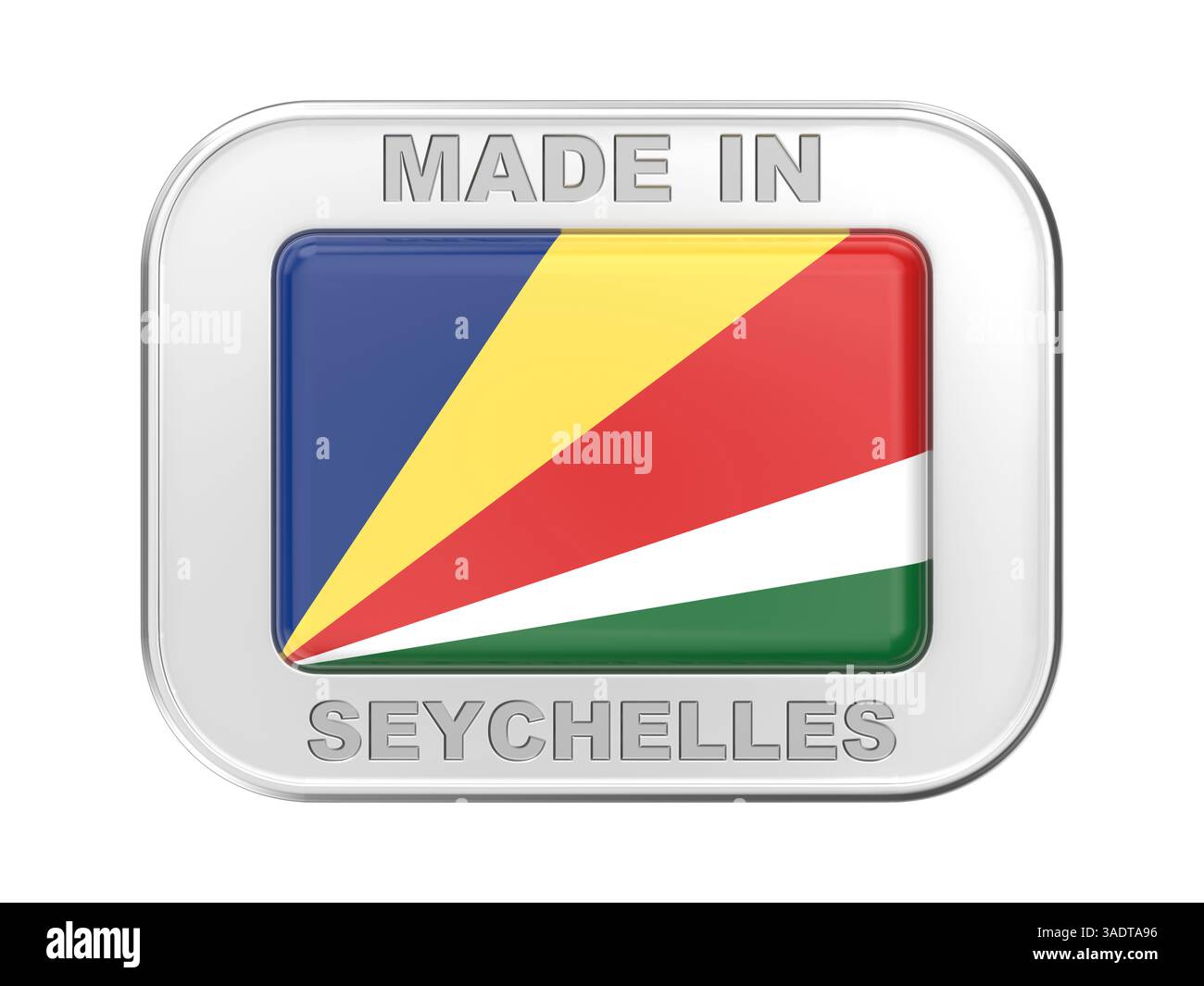 Fabriqué aux Seychelles, badge en argent avec le drapeau des Seychelles Banque D'Images