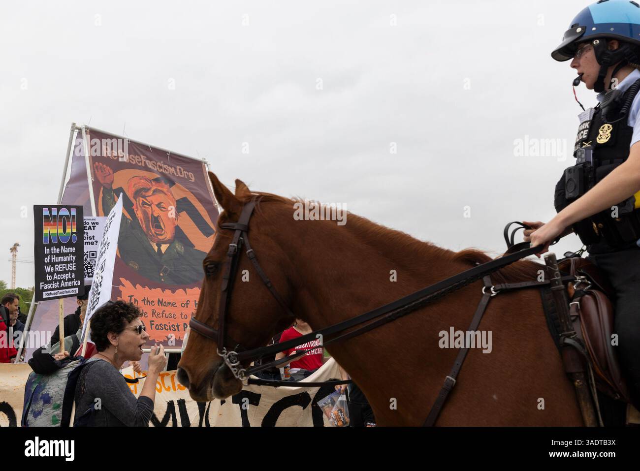 Washington DC, États-Unis. 5 avril 2025. Les manifestants manifestent lors d'une manifestation "sans intervention" contre le président Donald Trump et son conseiller, le PDG de Tesla Elon Musk, le 5 avril 2025, au National Mall de Washington DC. Les manifestants ont inondé les rues de plusieurs grandes villes américaines pour s'opposer aux politiques de division de Donald Trump, lors des plus grandes manifestations depuis son retour à la Maison Blanche. Les organisateurs appellent cela une Journée nationale d'action. Crédit : Aashish Kiphayet/Alamy Live News Banque D'Images