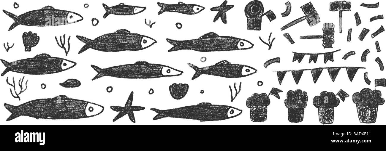Jeu de doodle de poissons. Formes de marqueurs dessinées à la main de sardines. Festival Santos populares. Manjerico, vecteur de poissons dessiné à la main Portugal partie traditionnelle el Illustration de Vecteur