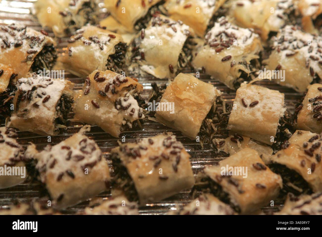 19 mars 2005 ; New York, NY, États-Unis ; une vue de Musca domestica Carnivale-Filo pâtisserie remplie de larves de muscoïdes (maggots), quelques-uns des hors-d'œuvre exotiques tenus au dîner annuel Explorers Club 2005 tenu au Waldorf Astoria .. (Crédit image : Nancy Kaszerman/ZUMAPRESS.com) Banque D'Images