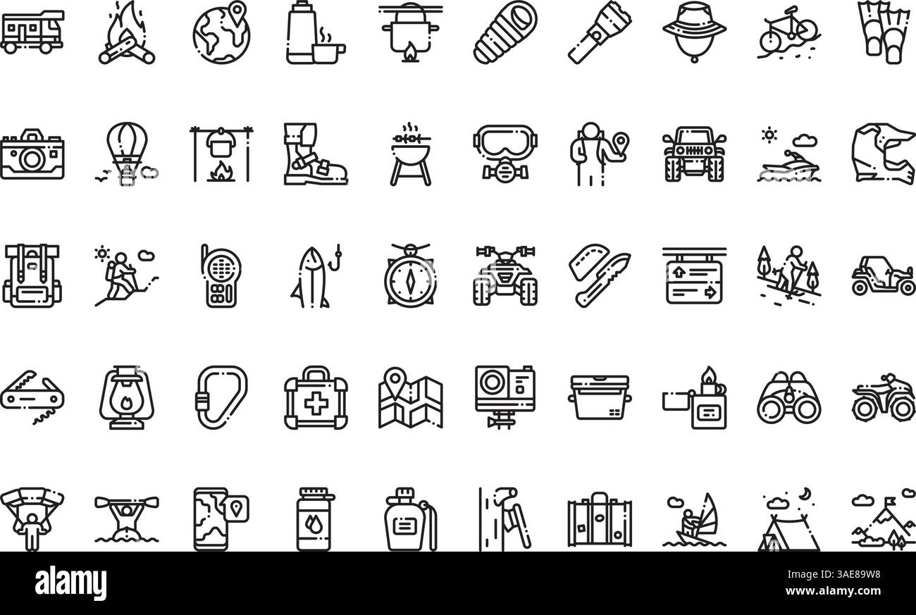 Icônes d'aventure Collection d'icônes vectorielles de haute qualité avec Stroke modifiable. Idéal pour les projets professionnels et créatifs Illustration de Vecteur